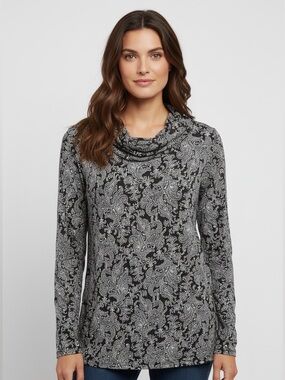 croft & barrow Black and White Paisley Cowl Neck Sweater